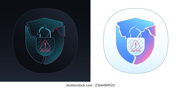 Hacking system protection. Destroyed shield with shards and fragments, data hack. Cyber attack, unsafe and unreliable protection, weak guard, security hazard. Lock break, defense vulnerability. Vector