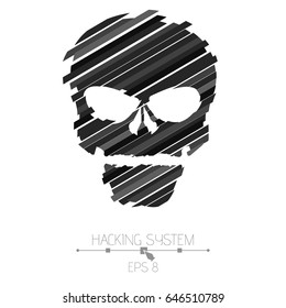 Hacking system. Skull symbol on white background. The destroyed skull from the black strips. The effect of destruction. Abstract vector illustration. EPS 8