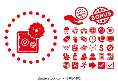 Hacking Theft pictograph with bonus symbols. Vector illustration style is flat iconic symbols, red color, white background.