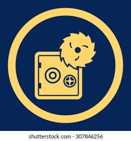 Hacking theft vector icon. This rounded flat symbol is drawn with yellow color on a blue background.