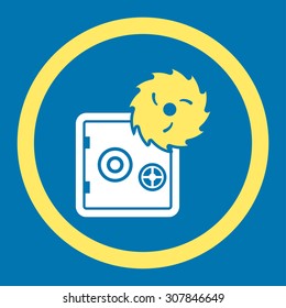 Hacking theft vector icon. This rounded flat symbol is drawn with yellow and white colors on a blue background.