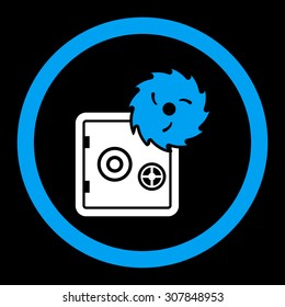 Hacking theft vector icon. This rounded flat symbol is drawn with blue and white colors on a black background.