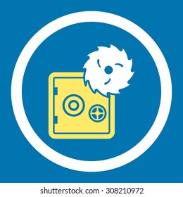 Hacking theft vector icon. This rounded flat symbol is drawn with yellow and white colors on a blue background.