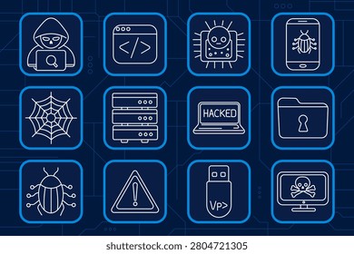 Hacking threat set icon. Hacker laptop, code window, infected chip, mobile virus, spider web, server rack, hacked screen, locked folder, bug, warning, infected usb, malware monitor, cyber attack