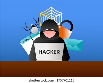 Hacking vector concept: Hacker  wearing a hood while typing on his/her laptop written "Hacker" over other hacking icons