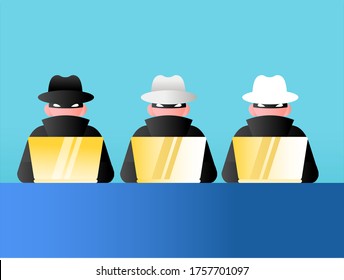 Hacking Vector Concept: Three Types Of Hacker; Black, White, And Gray Hat Hacker Typing On Laptops