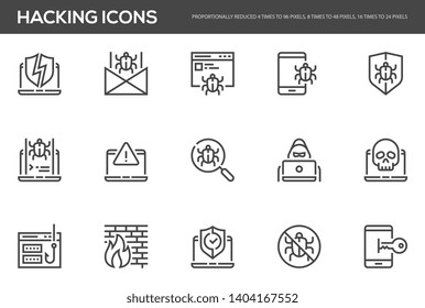 Hacking vector line icons set. Cyber virus, digital protection, hacker attack, internet security. Editable stroke. Perfect pixel icons, such can be scaled to 24, 48, 96 pixels.