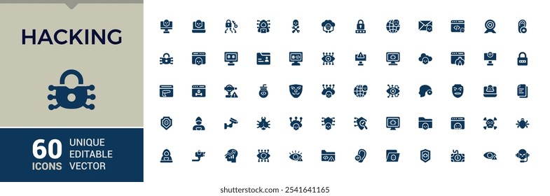 Hacking Vektor Solid Icon Set. Enthalten Hack, Inspektor, inkognito, Virus, Schutz, Schutz, Bedrohung und mehr. Pixel perfekt. Vektorgrafik.