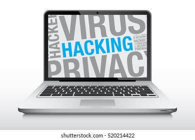 Hacking word cloud on laptop screen, vector concept