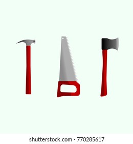 Hacksaw, ax and hammer icons. Isolated vector on a white background.