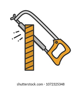 Hacksaw color icon. Hand saw cutting wooden board. Isolated vector illustration