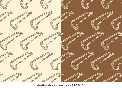 Hacksaw cutting tool engraving seamless pattern on tan beige background set for woodworking. Chopping saw hatching pattern background for craftsman. Hand saw line art motif wallpaper for carpentry