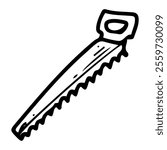 Hacksaw hand drawn doodle. Hand saw tool. Sawing wood. Workshop equipment. Device with metal blade. Vector line art illustration.