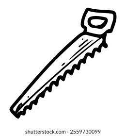 Hacksaw hand drawn doodle. Hand saw tool. Sawing wood. Workshop equipment. Device with metal blade. Vector line art illustration.