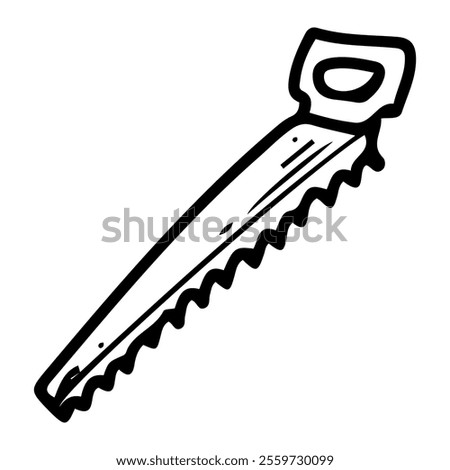 Hacksaw hand drawn doodle. Hand saw tool. Sawing wood. Workshop equipment. Device with metal blade. Vector line art illustration.