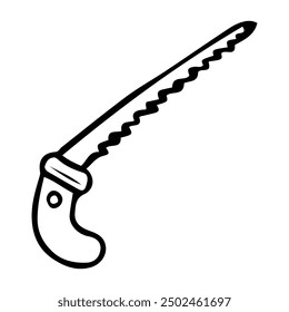 Hacksaw hand drawn in doodle style. Mini saw. Camp equipment. Sawing wood. Vector line art illustration.