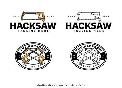 hacksaw with handle colorful and outline logo design set for workshop and carpenter. hacksaw cutting tool crossed illustration badge logo template for woodwork, craftsman 