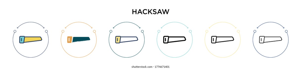 Hacksaw icon in filled, thin line, outline and stroke style. Vector illustration of two colored and black hacksaw vector icons designs can be used for mobile, ui, web