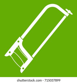 Hacksaw icon white isolated on green background. Vector illustration