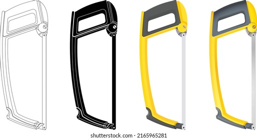 Hacksaw isolated vector on white background. This saw is used to cut thin metal such as aluminum, brass, steel, or copper and can cut various other materials, such as plastic and wood.