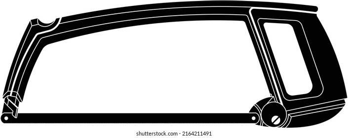 Hacksaw isolated vector silhouette on white background. This saw is used to cut thin metal such as aluminum, brass, steel, or copper and can cut various other materials, such as plastic and wood.