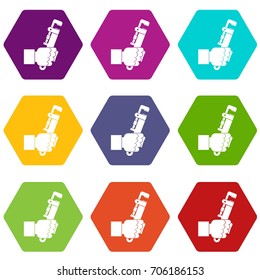 Hacksaw in man hand icon set many color hexahedron isolated on white vector illustration