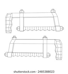 Hacksaw manual o Hand hacksaw. Ilustración vectorial de malla de polietileno baja