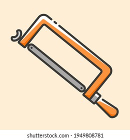 Hacksaw for metal cutting with orange plastic handle colorful icon. Vector outline flat icon on yellow background. Hand construction tool for renovation work.