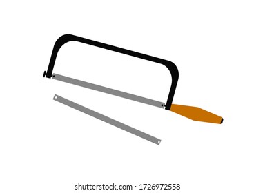 Hacksaw for metal locksmith tool on a white background. Workshop. Vise. Vector image. Template for text. Poster. Place for text. Background image.