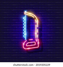 Hacksaw for metal neon icon. Vector illustration for design. Repair tool glowing sign. Construction tools concept.