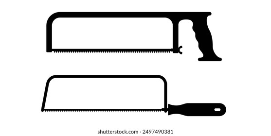 Hacksaw or metal saw. Hack saw icon. Coping saw. Metal working or metal processing. Drawn handsaws for carpenters. Compass saw with handle for cutting. Work tool. Home renovation and engineer tools.