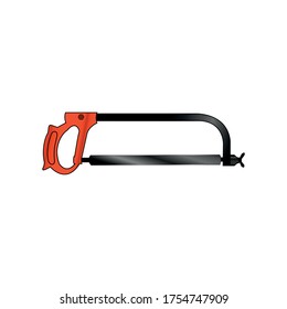 Hacksaw for metal. Tool for cutting metal objects. Hand tools for metalworking. Construction works. The saw has a red handle. Vector isolated image.