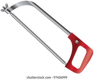 Hacksaw with plastic red handle. Vector illustration.