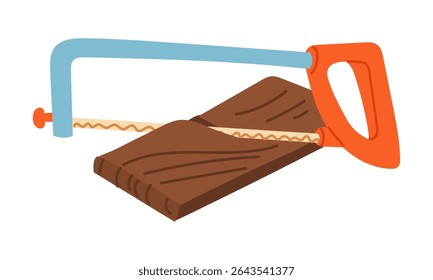 Um serra serra uma tábua lisa. Ferramentas de jardinagem e construção. O fluxo de trabalho. Ilustração em cores planas. Para os tópicos ecologia, horticultura, desenvolvimento sustentável, paisagismo e conservação da natureza