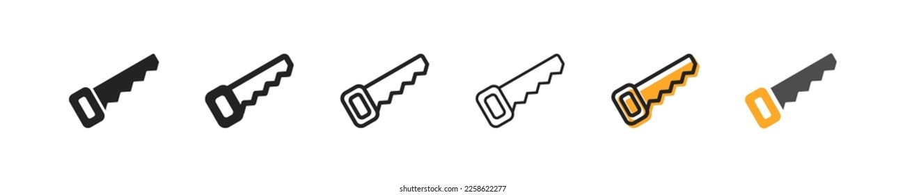 Hacksaw set of six icons in different styles. Sawing, locksmith, wood, repair, building, boards, worker, professional, services, agricultural Tool concept. Set of vector icons on a white background.