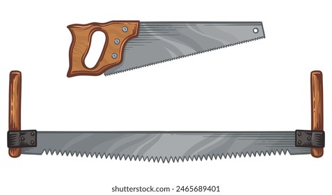 Hacksaw and two-handed saw. Vector illustration of saws.