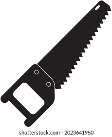 Hacksaw for wood. Black silhouette on a white background. The symbol of country life, farming.