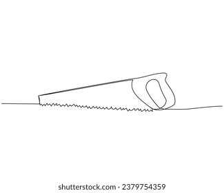 Hacksaw, wood saw, carpentry tools one line art. Continuous line drawing of repair, professional, hand, people, concept, support, maintenance.