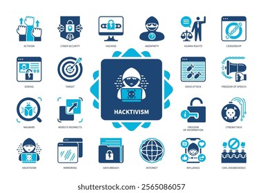 Hacktivism icon set. Anonymity, Hacking, Doxing, Mirroring, Cyberattack, DDOS Attack, Influence, Malware. Duotone color solid icons