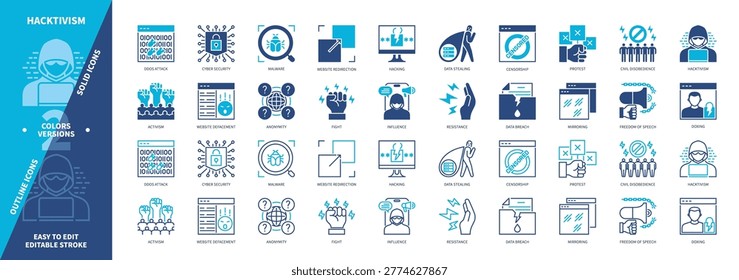 Hacktivism icon set. Anonymity, Hacking, Website Defacement, Protest, Data Stealing, Mirroring, Doxing, Malware. Duotone color solid and editable outline icons