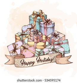 Had drawn pile of gift boxes in retro sketch style. Lots of presents, surprises with bows. Greeting, invitation, Happy Birthday, Christmas card background