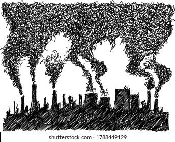 had drawn sketch of modern dark industrial city with lots of pollution and smoke and smog coming from smokestacks and chimneys