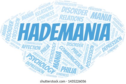 Hademania word cloud. Type of mania, made with text only.