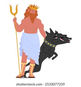 Hades Ancient Greek Deity With A Royal Crown And A Trident Accompanied By A Mythical Three-Headed Dog. Cartoon Vector Illustration Depicting Classic Mythology Character And Symbolism