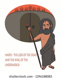 Hades the god of the dead and the king of the underworld, cartoon mythological character at background of underworld gate