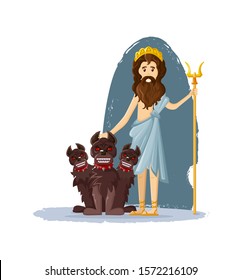 Hades, the god of the underworld, ancient Greek god of the underworld of the dead with three-headed dog cartoon vector illustration
