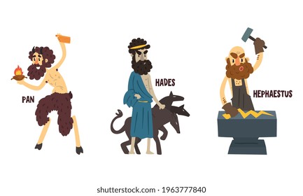 Hades, Hephaestus, Pan Greek Gods Set, Ancient Greece Mythology Vector Illustration