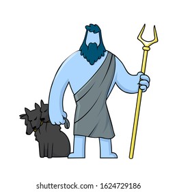 Hades and his dog Cerberus, mythological Greek God of the dead underworld. Cartoon style character. Flat vector illustration, isolated on white background.