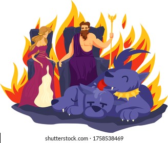 Hades and Persephone couple greek character ancient god male female sitting throne isolated on white, cartoon vector illustration. Hell hound hellenic safeguard afterlife kingdom on fire.