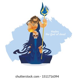 Hades, Pluto or Aidis God of Dead. Character of Greek Roman Mythology. Underworld King , Mythological Hero with Bident and Scull, Brother of Zeus and Poseidon Cartoon Flat Vector Illustration, Banner